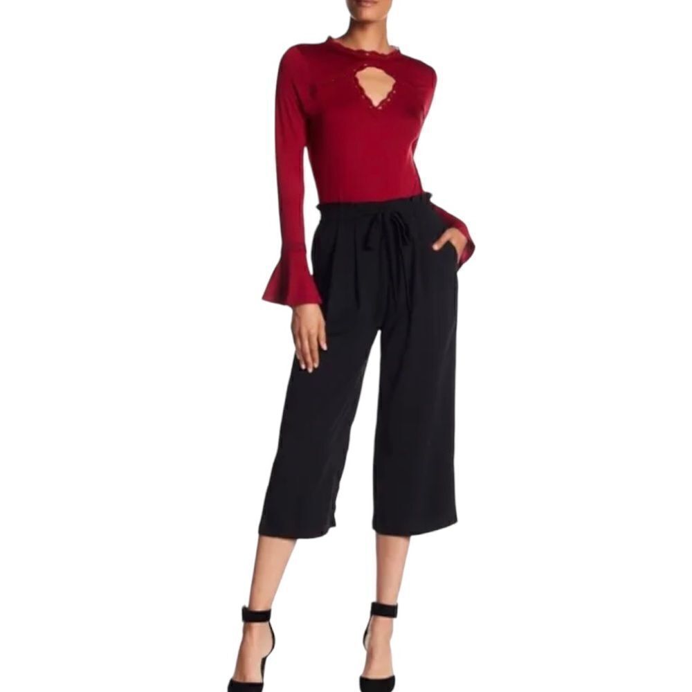 Adrianna Papell Women's Black Pleated High Waist Wide Leg  Culotte Crop Pants 8